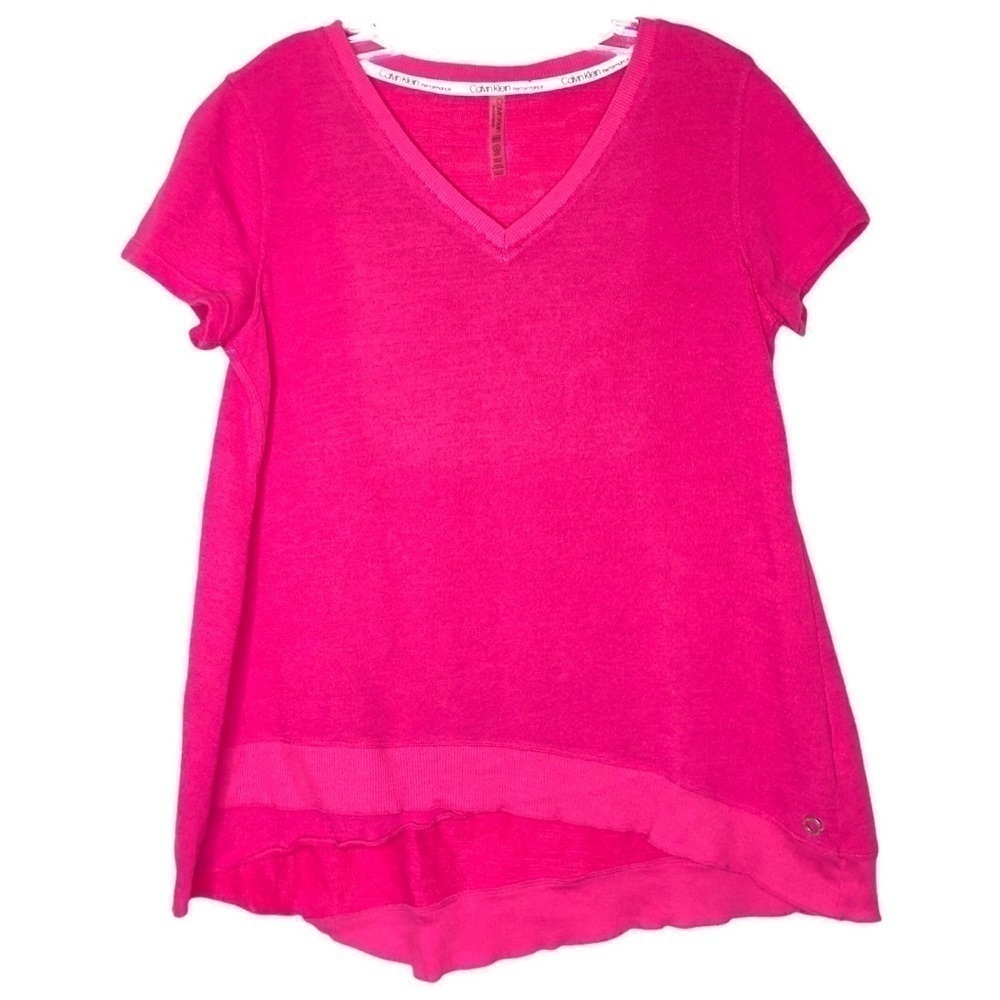 Calvin KLEIN PERFORMANCE Barbie Pink Cotton V-Neck Asymmetrical Top - Size Large